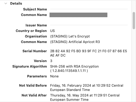 A screenshot of Google Chrome's certificate details view, confirming that the certificate was issued by Let's Encrypt's Staging issuer