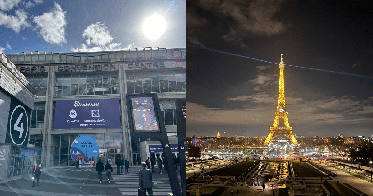 Left side: the large Welcome to KubeCon banner in front of the venue. Right side: The Eiffel Tower at night.