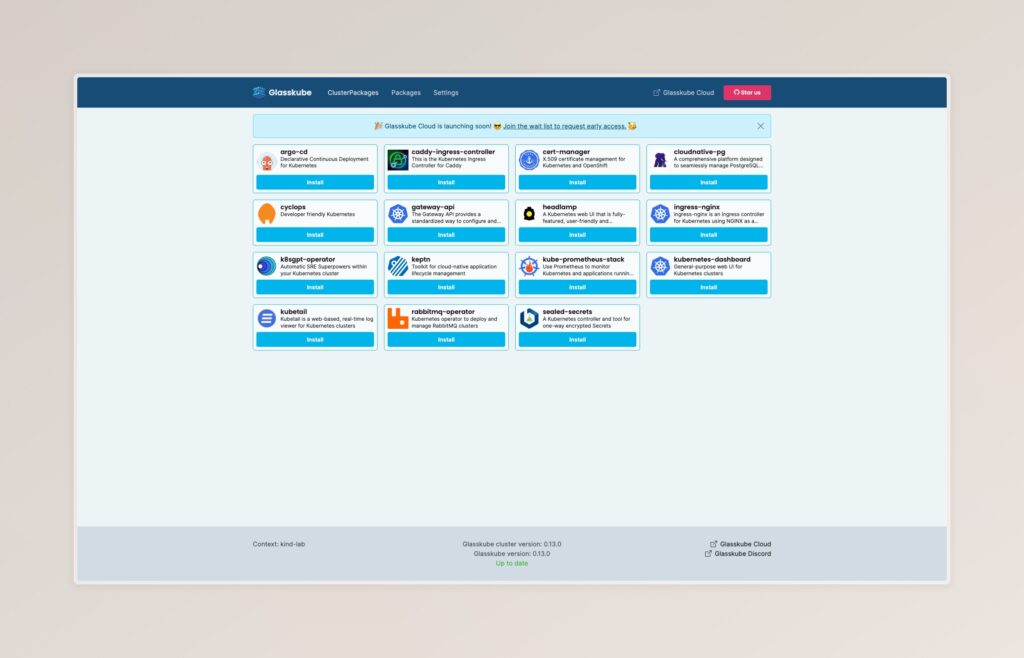 A screenshot of the Glasskube web UI