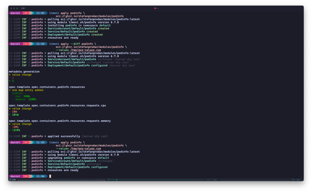 Terminal screenshot of 'timoni apply' actions, showcasing the verbose nature of Timoni's output when applying a Kubernetes deployment.