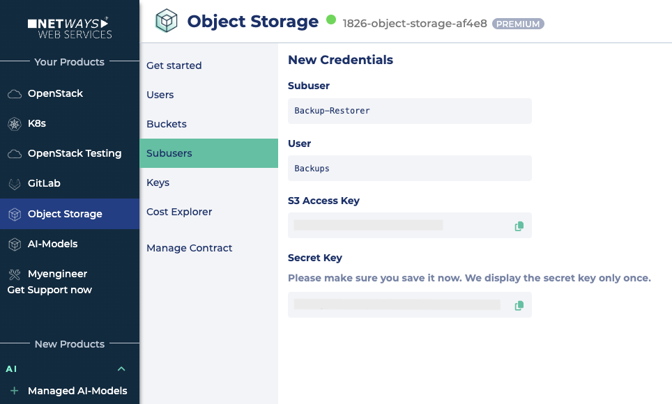 Einblicke in das Customer Center von NWS zur Anlage eines Sub-Users.