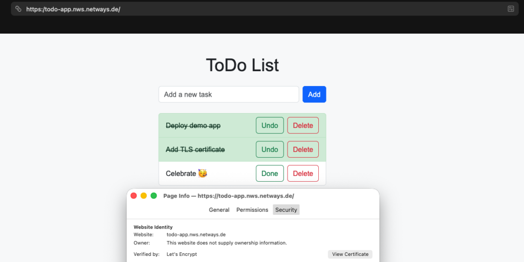 TLS encrypted Cloud deployment of the demo app